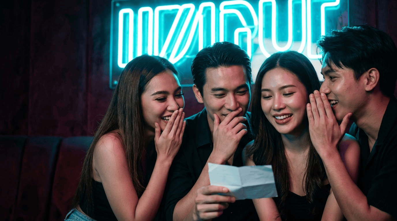 Four friends huddled around a Truth or Dare card under neon lights